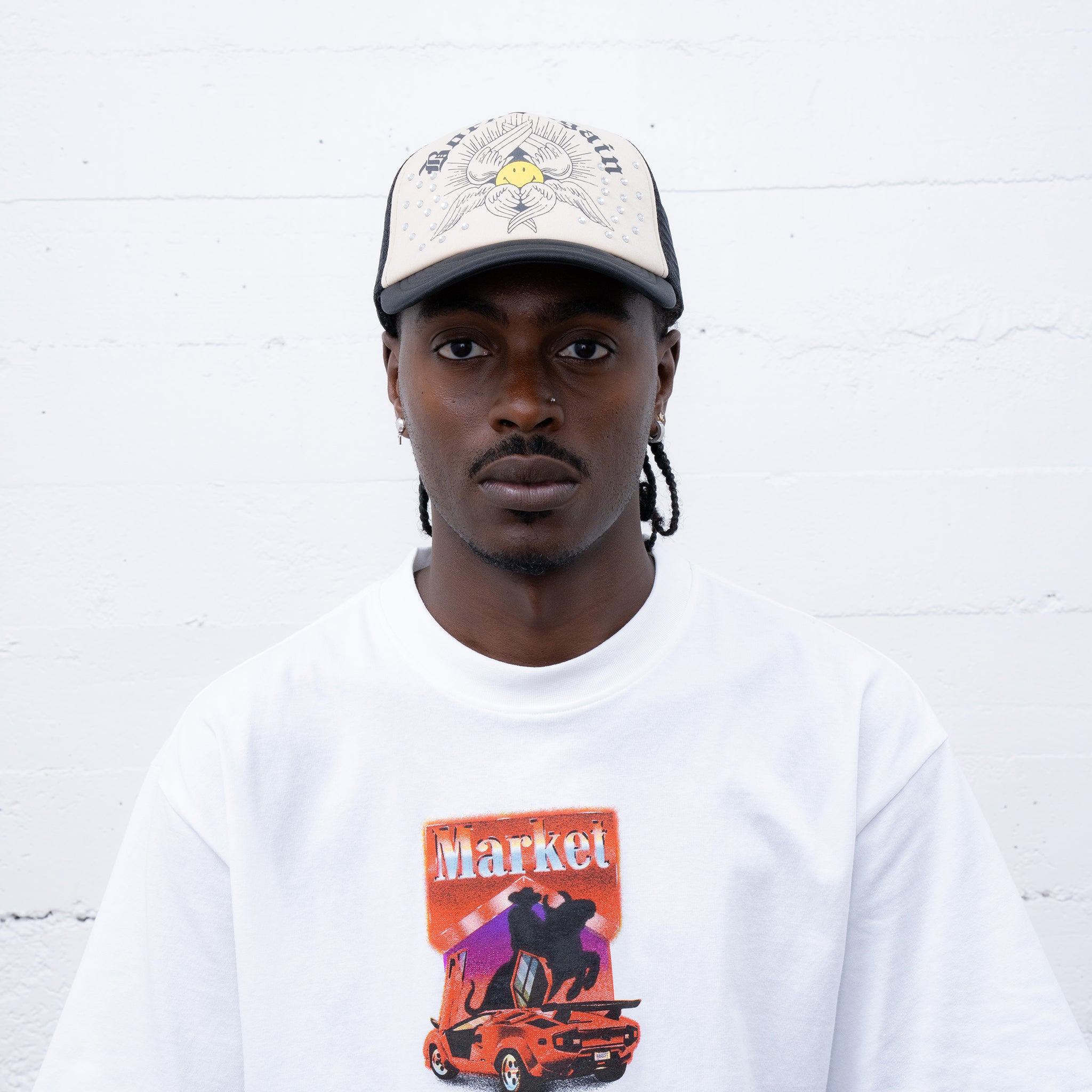 MARKET clothing brand SMILEY BORN AGAIN TRUCKER HAT. Find more graphic tees, hats, beanies, hoodies at MarketStudios.com. Formally Chinatown Market. 