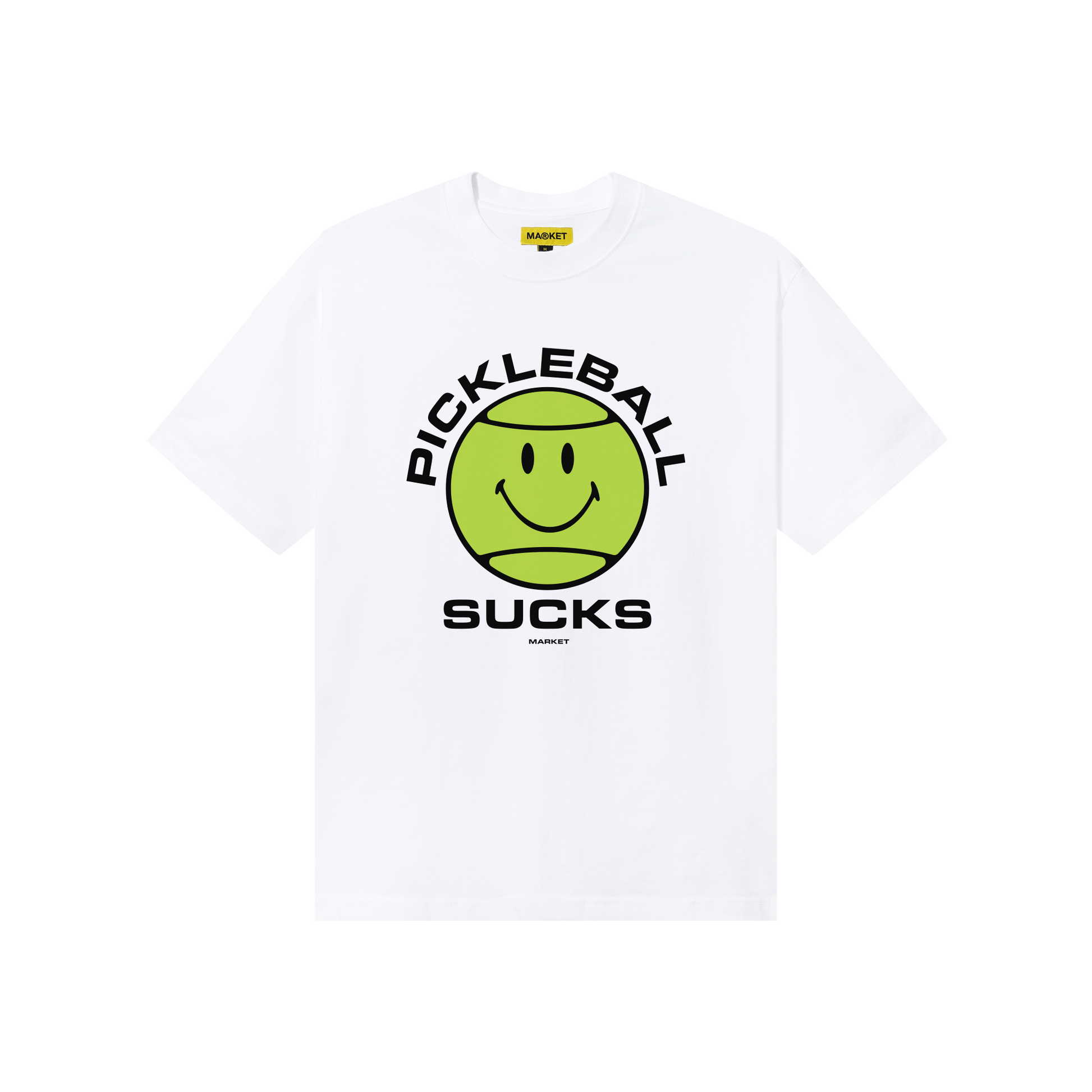 MARKET clothing brand SMILEY PICKLEBALL SUCKS T-SHIRT. Find more graphic tees, hats, hoodies and more at MarketStudios.com. Formally Chinatown Market.