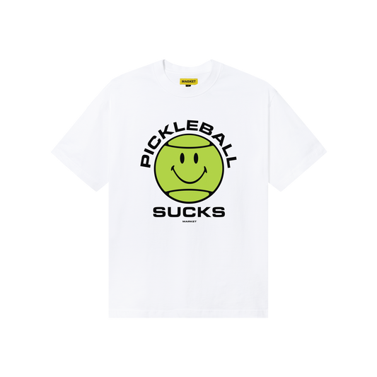 MARKET clothing brand SMILEY PICKLEBALL SUCKS T-SHIRT. Find more graphic tees, hats, hoodies and more at MarketStudios.com. Formally Chinatown Market.
