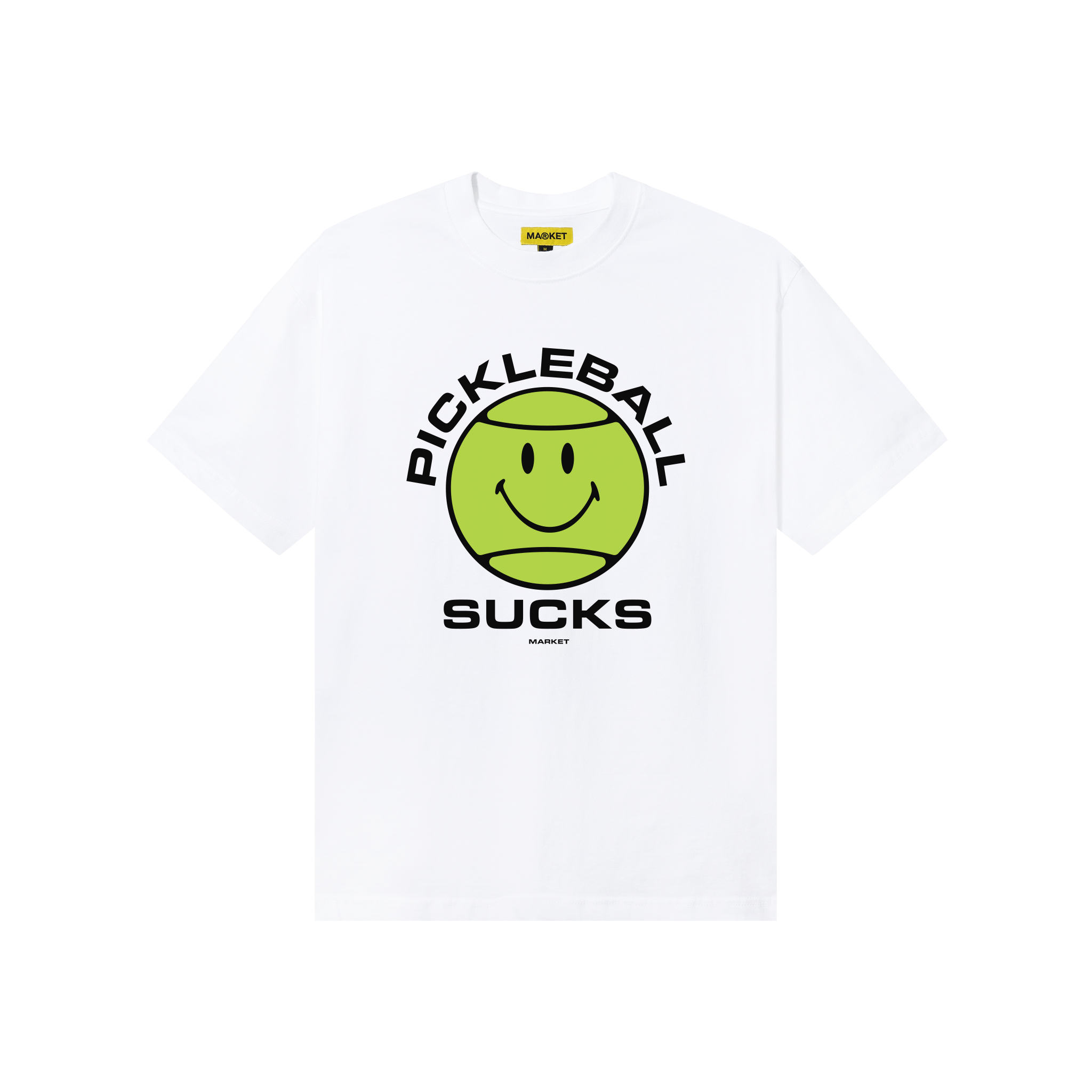 MARKET clothing brand SMILEY PICKLEBALL SUCKS T-SHIRT. Find more graphic tees, hats, hoodies and more at MarketStudios.com. Formally Chinatown Market.