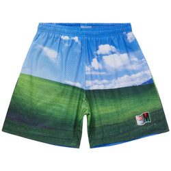 MARKET streetwear brand mesh shorts with photo of sky and grass. Outdoor themed gym shorts. 