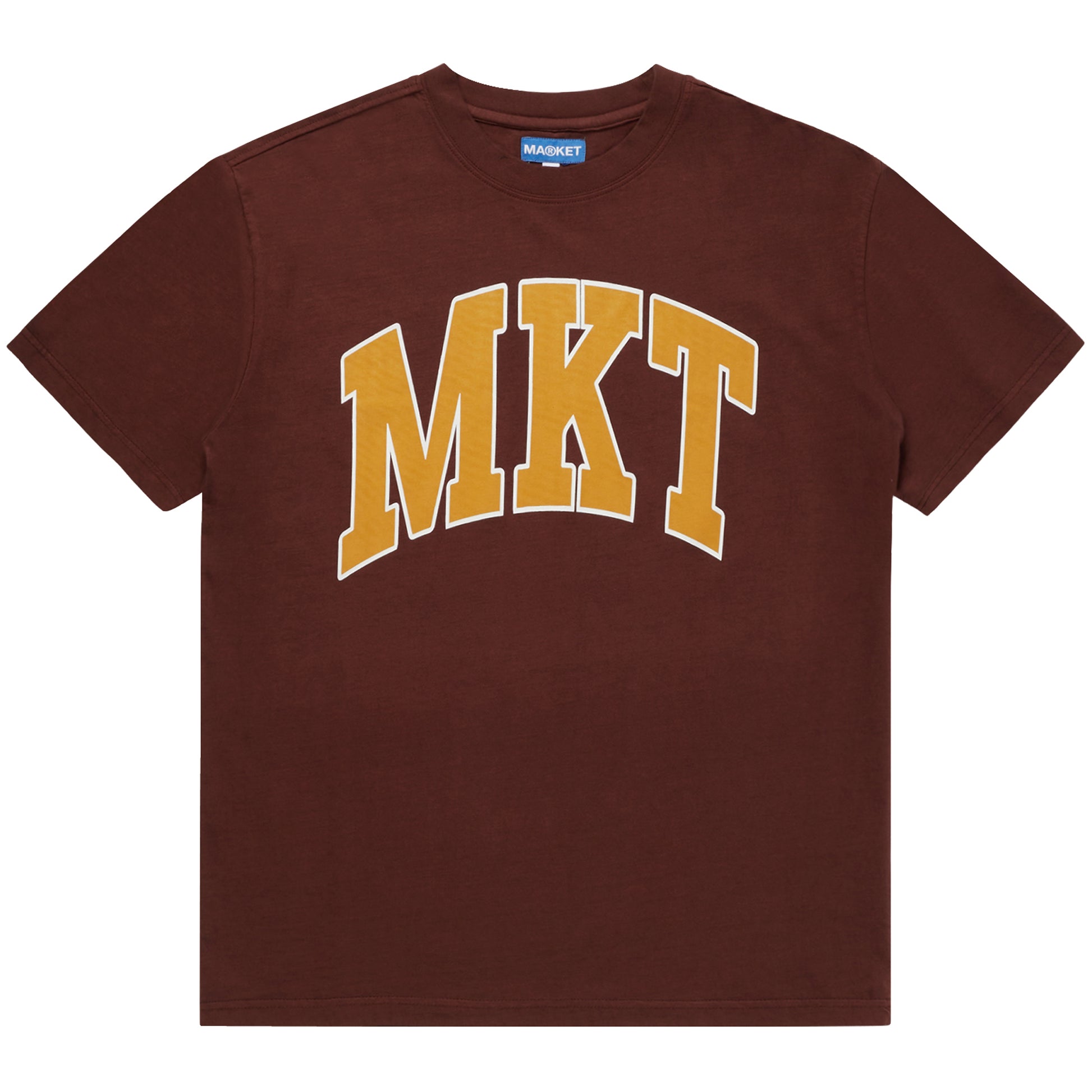 Market streetwear brand graphic t-shirt in brown with MKT logo in collegiate font
